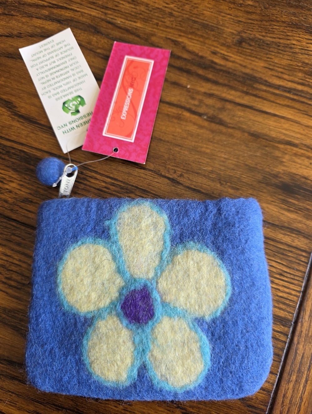 Expressions NYC Royal Blue Felt Zipper Pouch with Wool Ball Pull